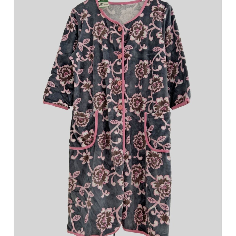 Womens L Gray Floral Print Velour Midi House Dress Button Up 3/4 Slleve Robe